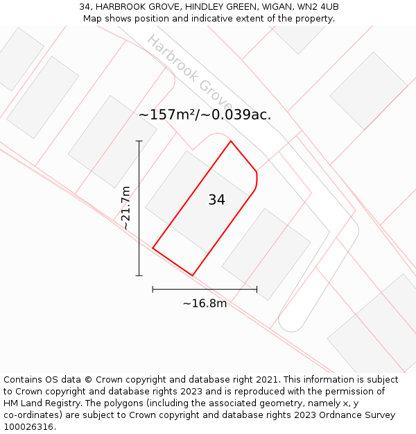 34, HARBROOK GROVE, HINDLEY GREEN, WIGAN, WN2 4UB: Plot and title map