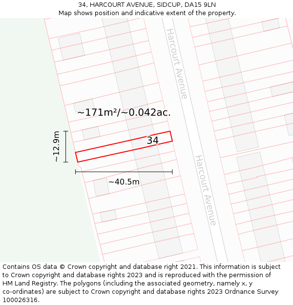 34, HARCOURT AVENUE, SIDCUP, DA15 9LN: Plot and title map