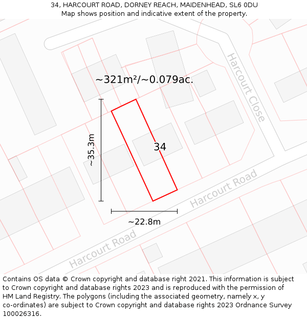 34, HARCOURT ROAD, DORNEY REACH, MAIDENHEAD, SL6 0DU: Plot and title map