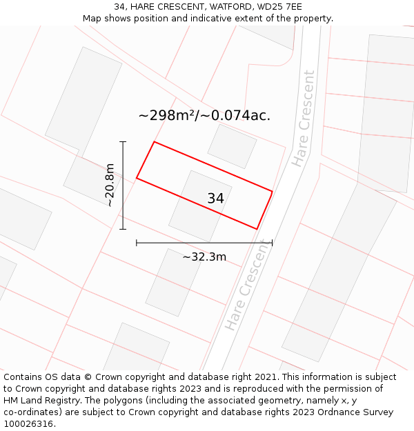 34, HARE CRESCENT, WATFORD, WD25 7EE: Plot and title map