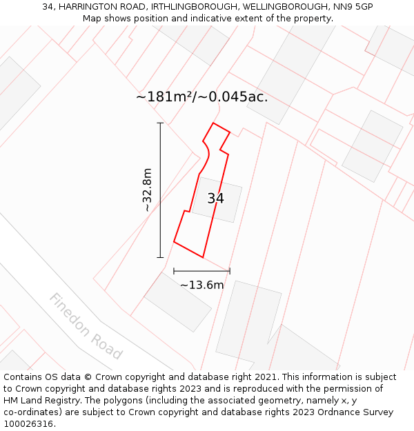 34, HARRINGTON ROAD, IRTHLINGBOROUGH, WELLINGBOROUGH, NN9 5GP: Plot and title map