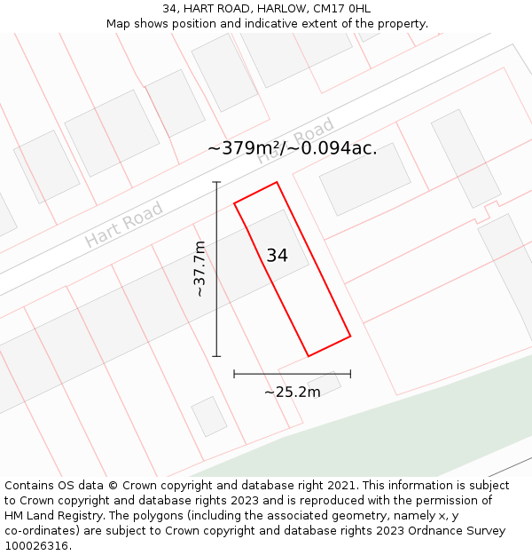 34, HART ROAD, HARLOW, CM17 0HL: Plot and title map