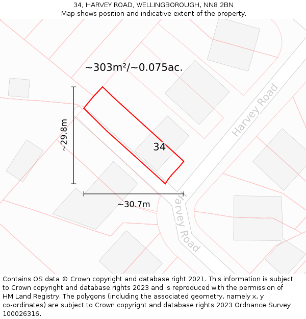 34, HARVEY ROAD, WELLINGBOROUGH, NN8 2BN: Plot and title map