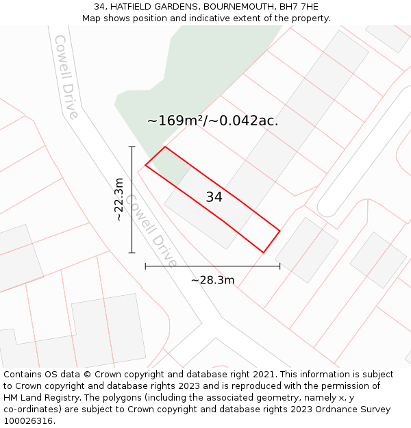 34, HATFIELD GARDENS, BOURNEMOUTH, BH7 7HE: Plot and title map