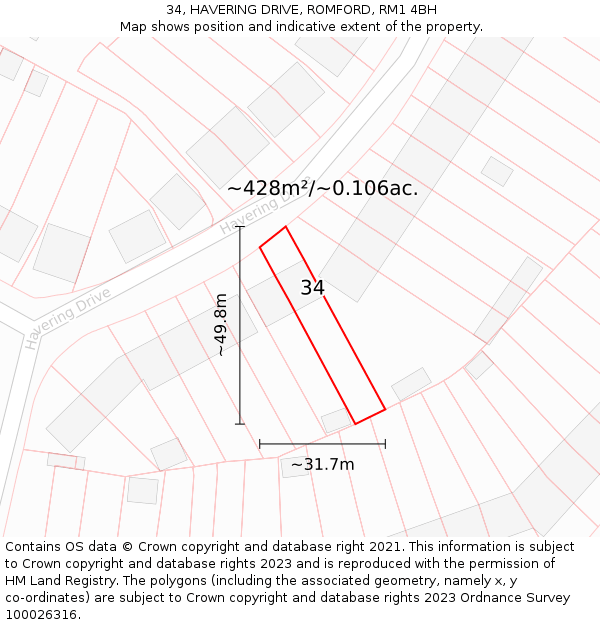 34, HAVERING DRIVE, ROMFORD, RM1 4BH: Plot and title map