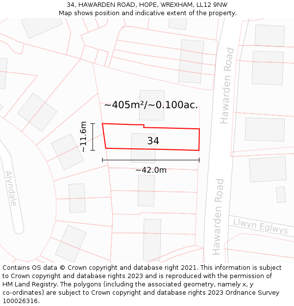 34, HAWARDEN ROAD, HOPE, WREXHAM, LL12 9NW: Plot and title map