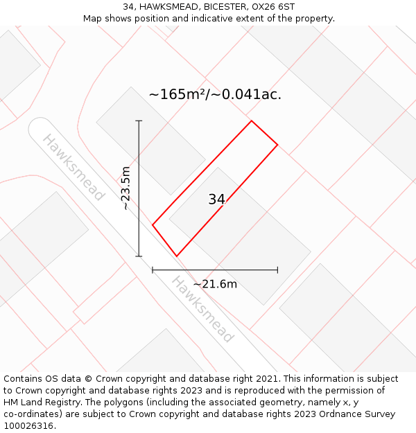 34, HAWKSMEAD, BICESTER, OX26 6ST: Plot and title map