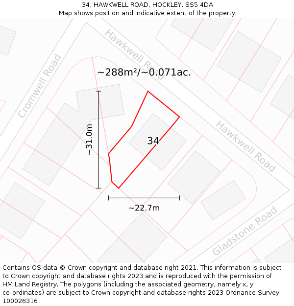 34, HAWKWELL ROAD, HOCKLEY, SS5 4DA: Plot and title map