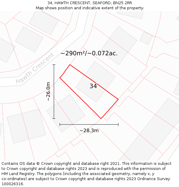 34, HAWTH CRESCENT, SEAFORD, BN25 2RR: Plot and title map