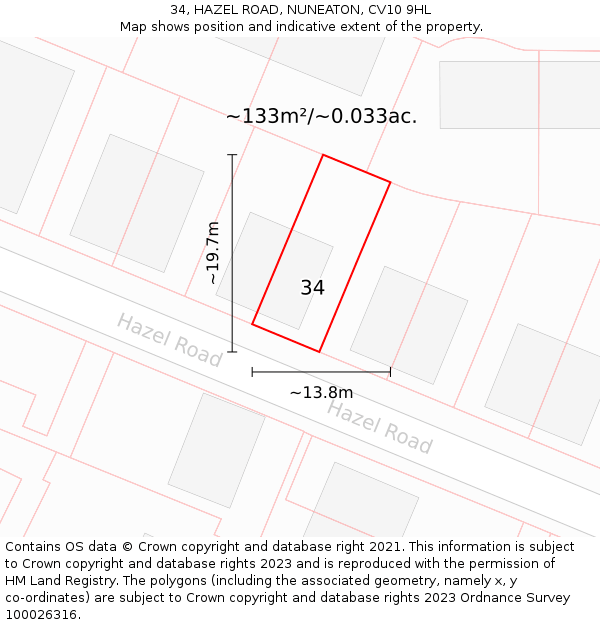 34, HAZEL ROAD, NUNEATON, CV10 9HL: Plot and title map