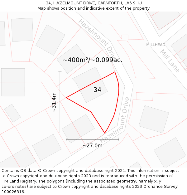 34, HAZELMOUNT DRIVE, CARNFORTH, LA5 9HU: Plot and title map