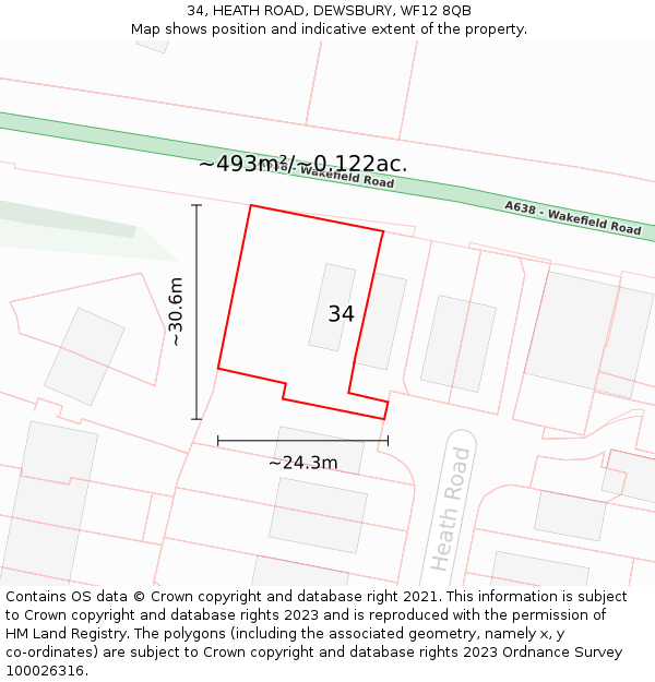 34, HEATH ROAD, DEWSBURY, WF12 8QB: Plot and title map