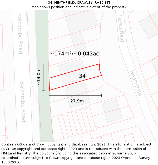 34, HEATHFIELD, CRAWLEY, RH10 3TT: Plot and title map