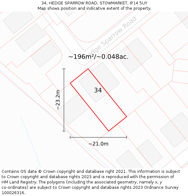 34, HEDGE SPARROW ROAD, STOWMARKET, IP14 5UY: Plot and title map