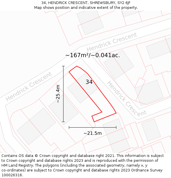 34, HENDRICK CRESCENT, SHREWSBURY, SY2 6JF: Plot and title map