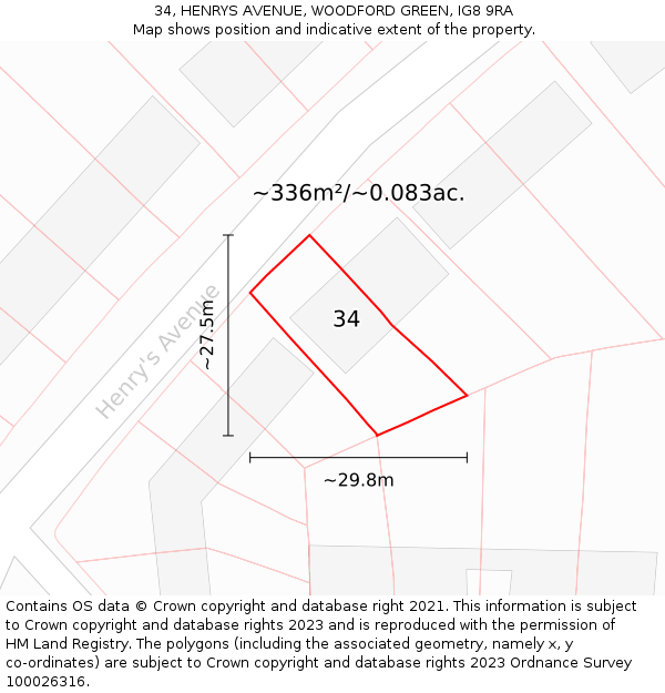 34, HENRYS AVENUE, WOODFORD GREEN, IG8 9RA: Plot and title map