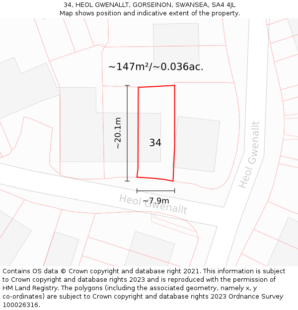 34, HEOL GWENALLT, GORSEINON, SWANSEA, SA4 4JL: Plot and title map