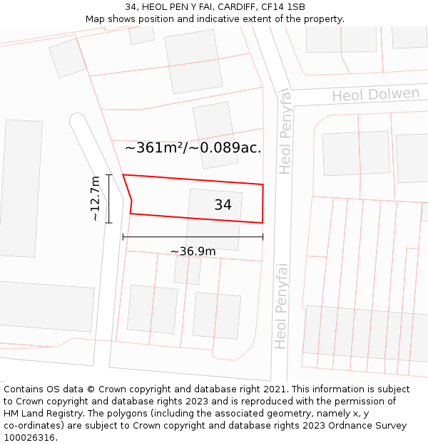 34, HEOL PEN Y FAI, CARDIFF, CF14 1SB: Plot and title map
