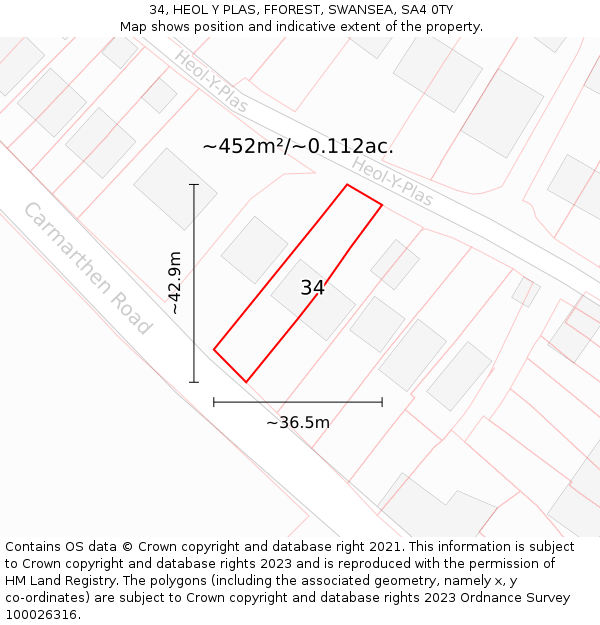 34, HEOL Y PLAS, FFOREST, SWANSEA, SA4 0TY: Plot and title map