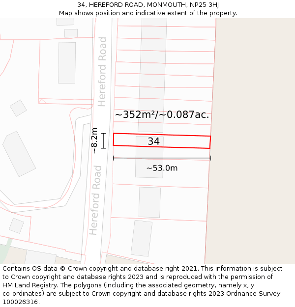 34, HEREFORD ROAD, MONMOUTH, NP25 3HJ: Plot and title map