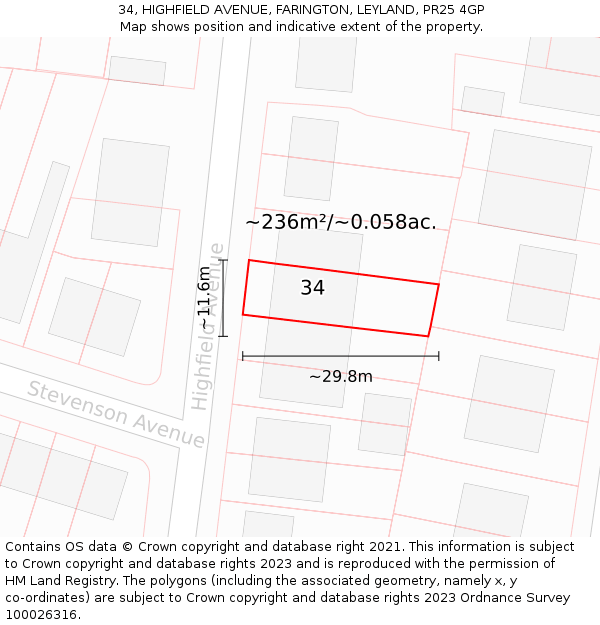 34, HIGHFIELD AVENUE, FARINGTON, LEYLAND, PR25 4GP: Plot and title map