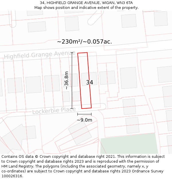 34, HIGHFIELD GRANGE AVENUE, WIGAN, WN3 6TA: Plot and title map