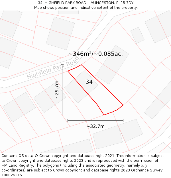 34, HIGHFIELD PARK ROAD, LAUNCESTON, PL15 7DY: Plot and title map