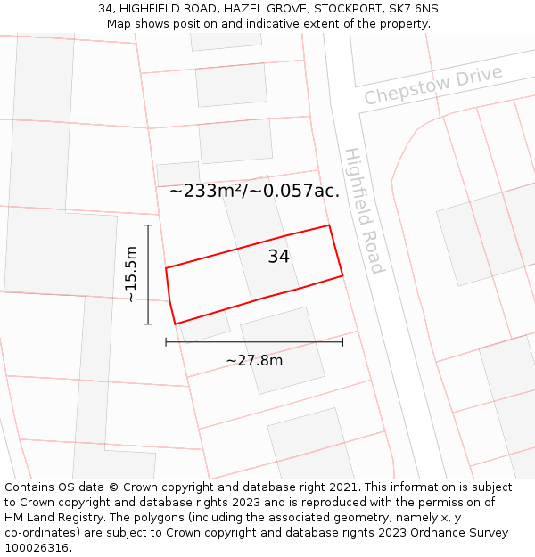 34, HIGHFIELD ROAD, HAZEL GROVE, STOCKPORT, SK7 6NS: Plot and title map