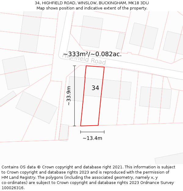 34, HIGHFIELD ROAD, WINSLOW, BUCKINGHAM, MK18 3DU: Plot and title map