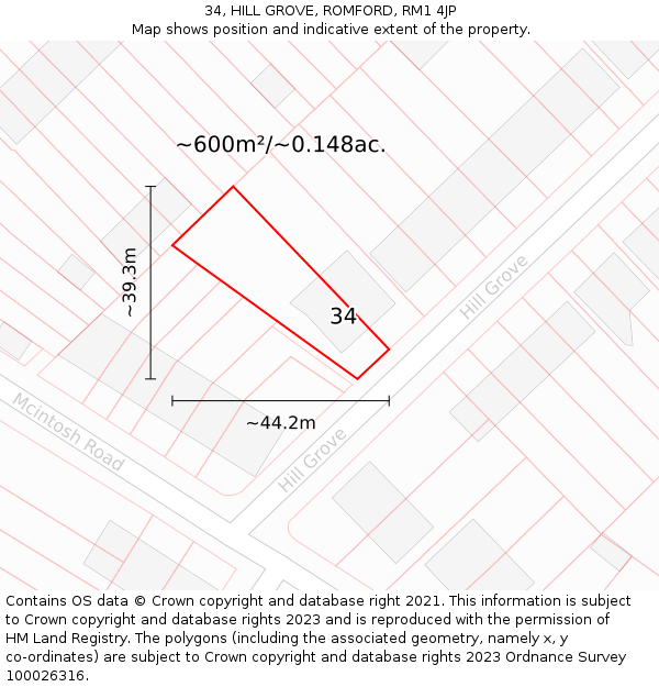 34, HILL GROVE, ROMFORD, RM1 4JP: Plot and title map