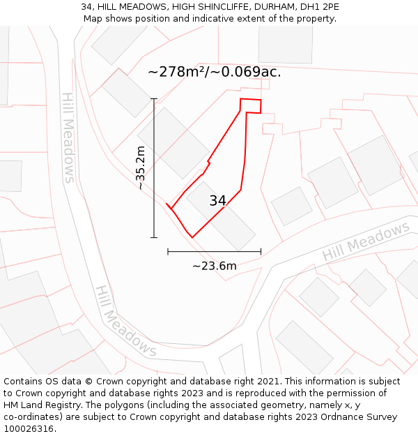 34, HILL MEADOWS, HIGH SHINCLIFFE, DURHAM, DH1 2PE: Plot and title map