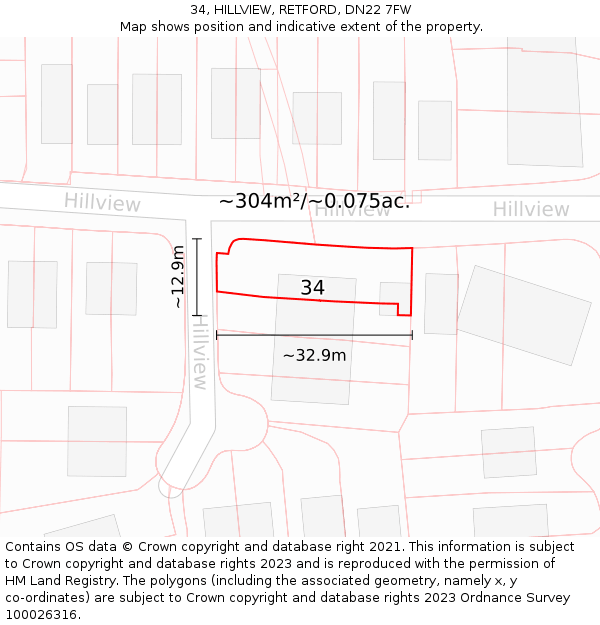 34, HILLVIEW, RETFORD, DN22 7FW: Plot and title map