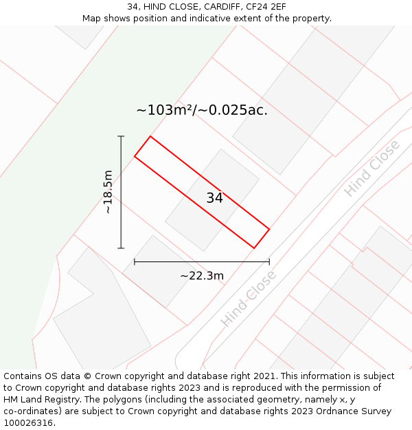 34, HIND CLOSE, CARDIFF, CF24 2EF: Plot and title map