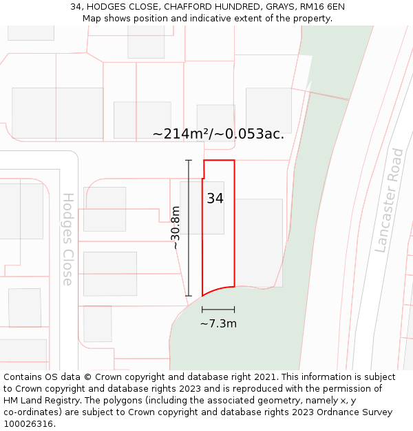 34, HODGES CLOSE, CHAFFORD HUNDRED, GRAYS, RM16 6EN: Plot and title map