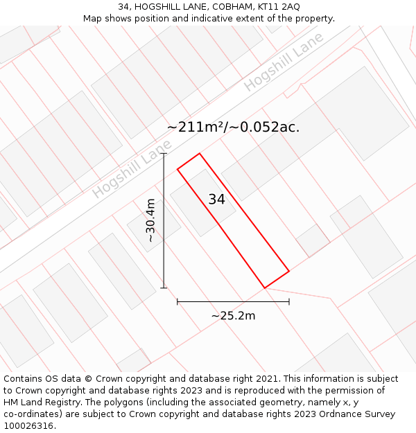 34, HOGSHILL LANE, COBHAM, KT11 2AQ: Plot and title map