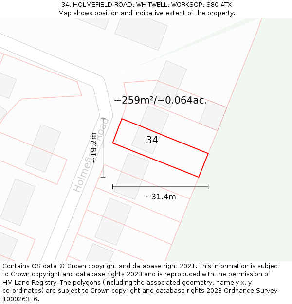 34, HOLMEFIELD ROAD, WHITWELL, WORKSOP, S80 4TX: Plot and title map