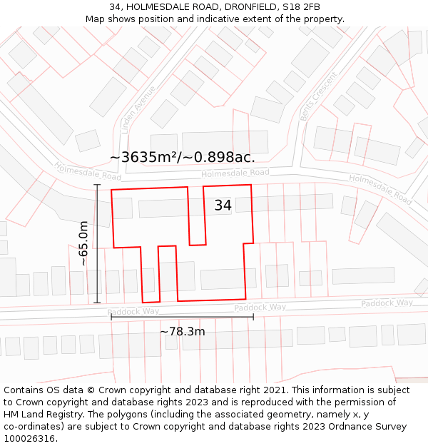 34, HOLMESDALE ROAD, DRONFIELD, S18 2FB: Plot and title map