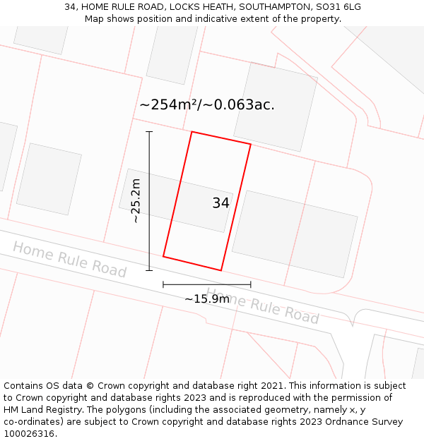 34, HOME RULE ROAD, LOCKS HEATH, SOUTHAMPTON, SO31 6LG: Plot and title map