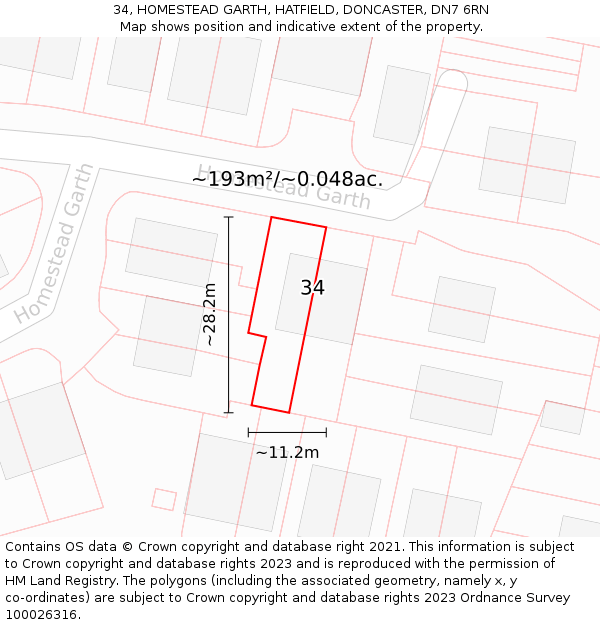 34, HOMESTEAD GARTH, HATFIELD, DONCASTER, DN7 6RN: Plot and title map