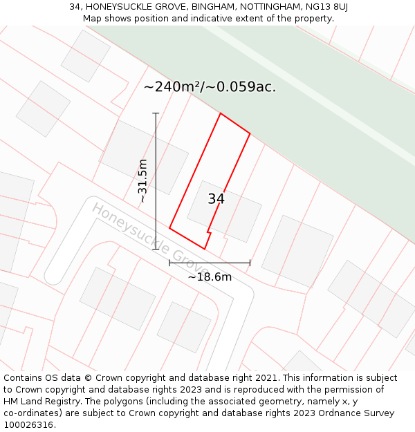 34, HONEYSUCKLE GROVE, BINGHAM, NOTTINGHAM, NG13 8UJ: Plot and title map