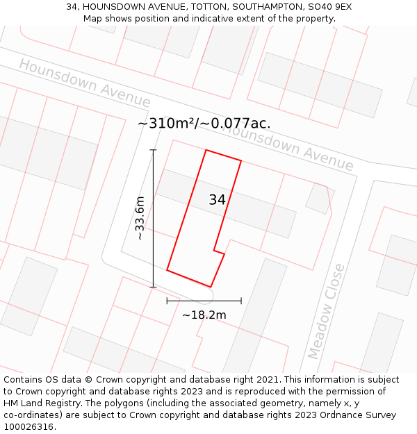 34, HOUNSDOWN AVENUE, TOTTON, SOUTHAMPTON, SO40 9EX: Plot and title map