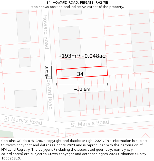 34, HOWARD ROAD, REIGATE, RH2 7JE: Plot and title map