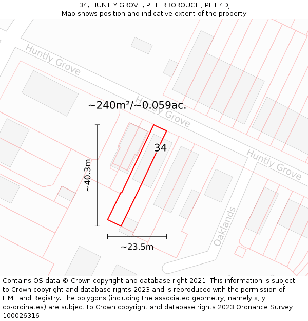 34, HUNTLY GROVE, PETERBOROUGH, PE1 4DJ: Plot and title map