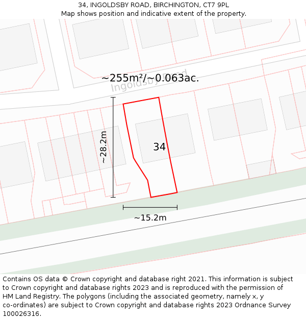 34, INGOLDSBY ROAD, BIRCHINGTON, CT7 9PL: Plot and title map