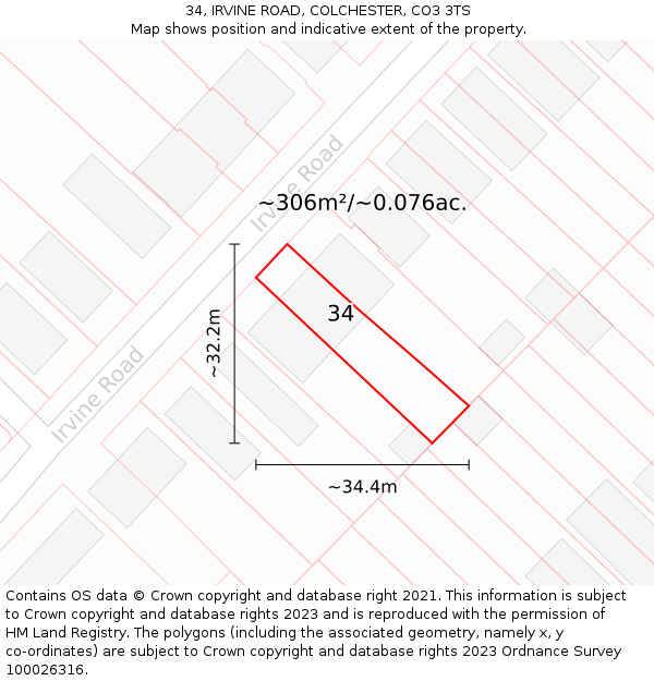 34, IRVINE ROAD, COLCHESTER, CO3 3TS: Plot and title map