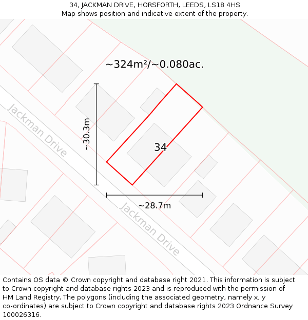 34, JACKMAN DRIVE, HORSFORTH, LEEDS, LS18 4HS: Plot and title map