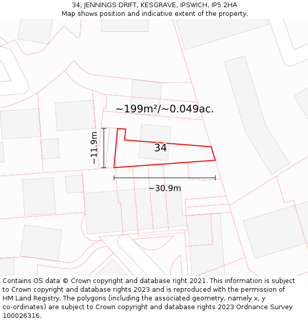 34, JENNINGS DRIFT, KESGRAVE, IPSWICH, IP5 2HA: Plot and title map