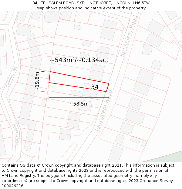 34, JERUSALEM ROAD, SKELLINGTHORPE, LINCOLN, LN6 5TW: Plot and title map