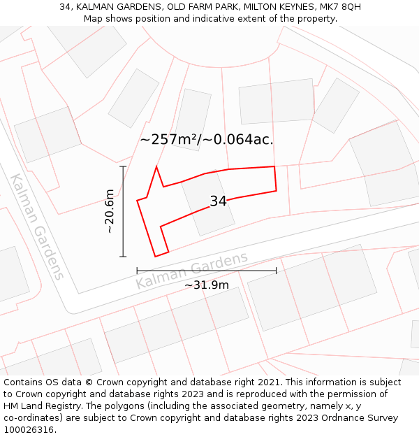 34, KALMAN GARDENS, OLD FARM PARK, MILTON KEYNES, MK7 8QH: Plot and title map