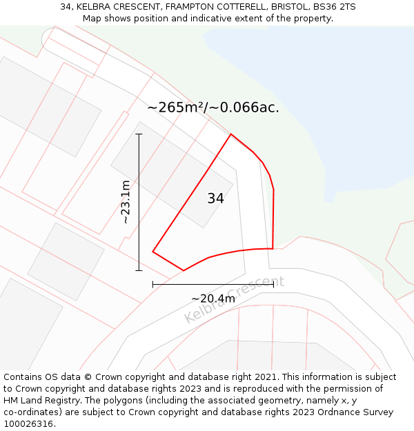 34, KELBRA CRESCENT, FRAMPTON COTTERELL, BRISTOL, BS36 2TS: Plot and title map